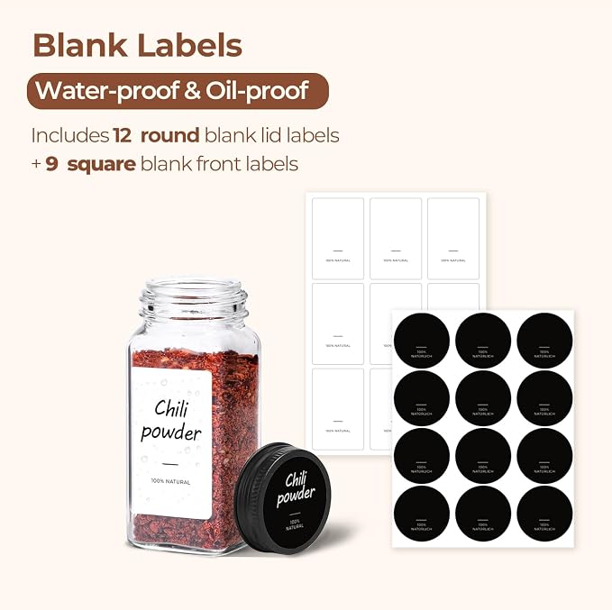 ComSaf Glass Spice Jars with with Labels 4 oz 6 Pack Small Square | Empty - Image 2