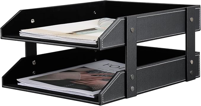 KINGFOM Letter Tray, Leather Paper Organizer Tray, Wooden Desk File Holder - Image 5