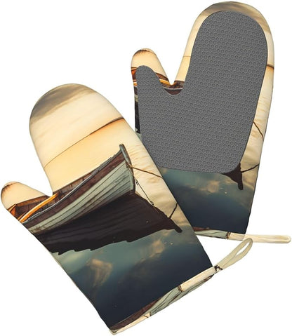 Small Boat on The Water Print Oven Mitts Set of 2, Heat Resistant Silicone Oven - Image 3