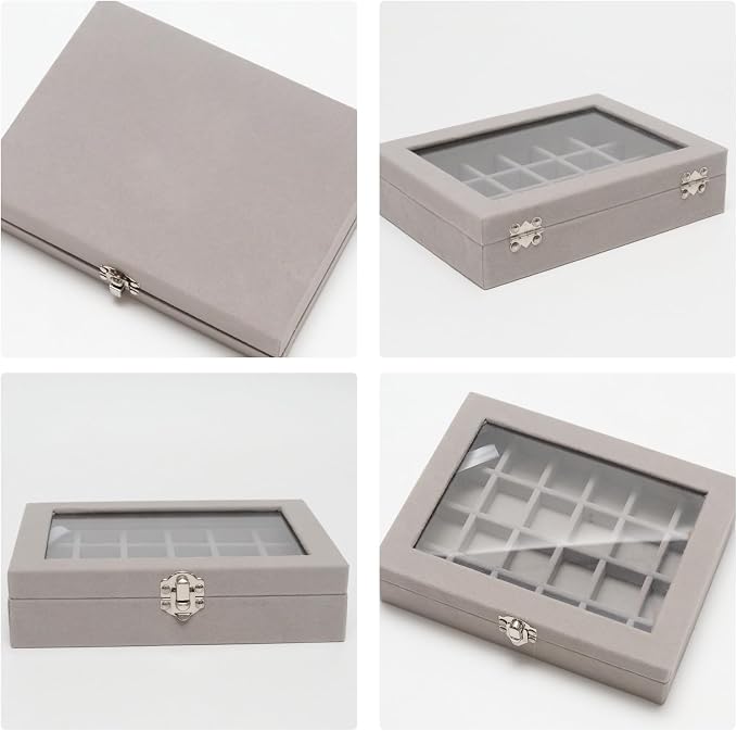 Small Velvet Jewelry Tray with Clear Lid, 24 Grids Gray | Lockable Ring Earring - Image 4