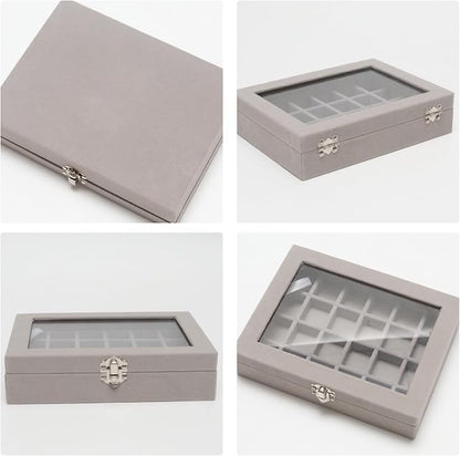 Small Velvet Jewelry Tray with Clear Lid, 24 Grids Gray | Lockable Ring Earring - Image 4