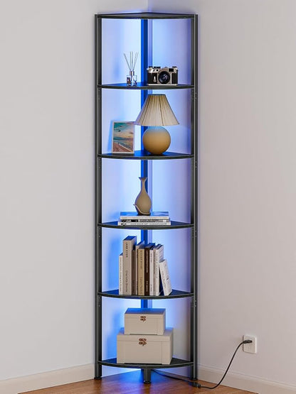 6 Tier Corner Shelf with LED Light, 67.5" Black Narrow Bookshelf | Tall by Furnulem