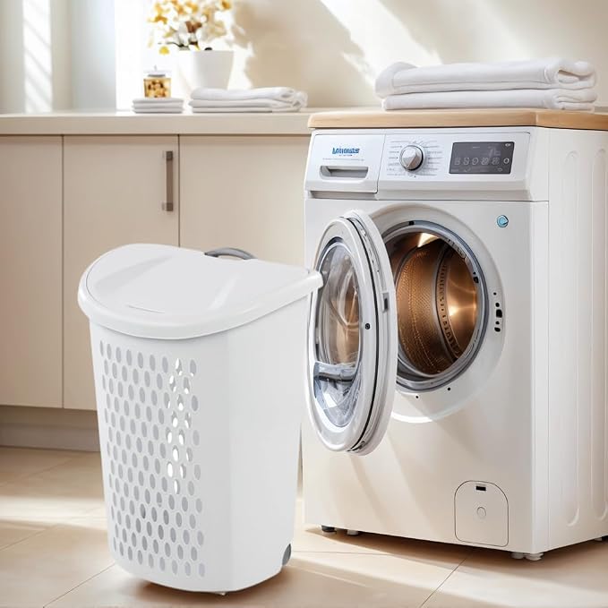 White Wheeled Plastic Laundry Hamper – Adult-Sized Rolling Basket - Image 4
