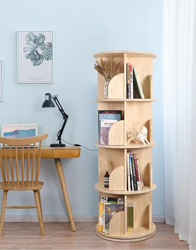 Bear Qiaqia 4 Tier Rotating Bookshelf, 360° Wooden Spinning Bookcase | Spinning - Image 2
