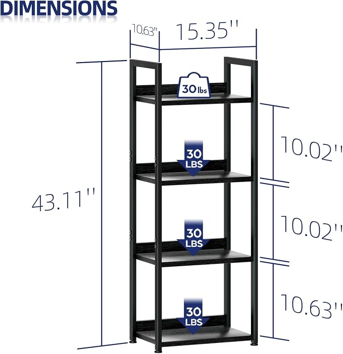 NUMENN Narrow Bookshelf, 4 Tier Freestanding Shelving Unit, Metal Frame & Wood - Image 3