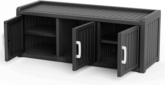 3 Doors Shoe Bench, Waterproof & UV-Resistant, Resin Shoe Cabinet Indoor & - Image 3