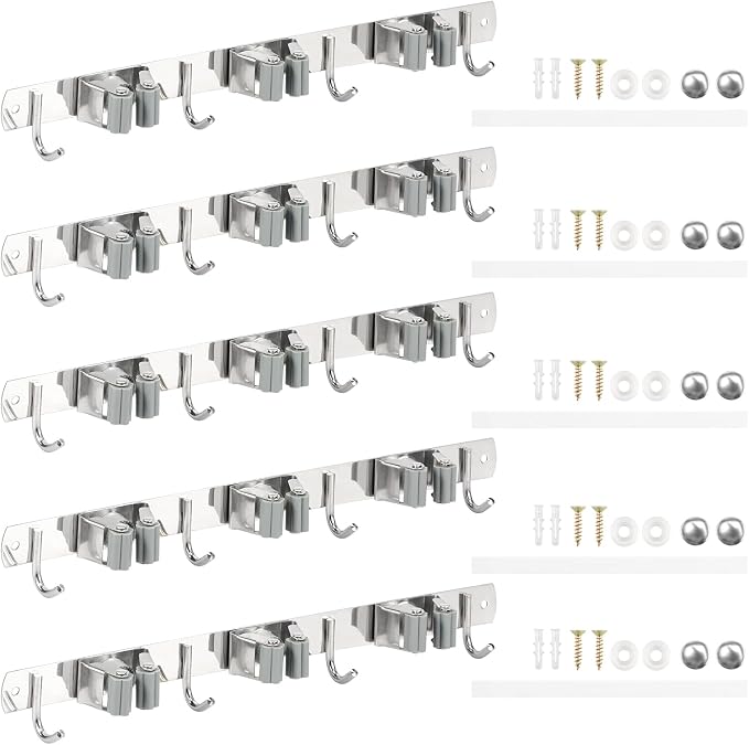 5 Pack Broom Holder Wall Mount 3 Racks 4 Hooks Stainless Steel Broom Mop Holder - Image 4