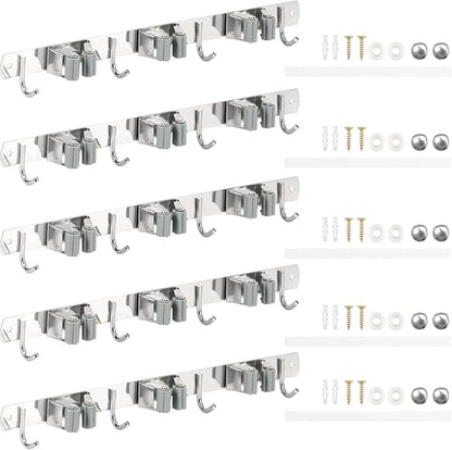5 Pack Broom Holder Wall Mount 3 Racks 4 Hooks Stainless Steel Broom Mop Holder - Image 4