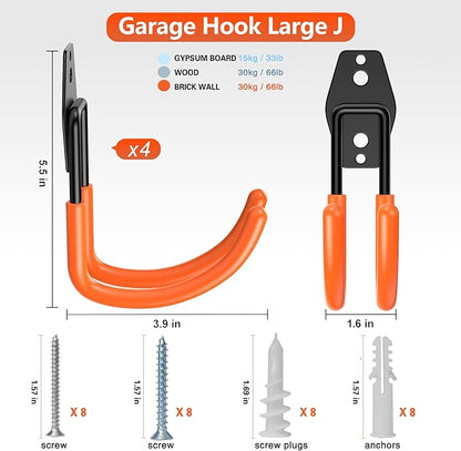 Heavy Duty Garage Hooks 4 Pack, J Shaped Hanger, Wall Mounted Storage System - Image 2