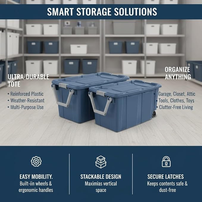 40 Gallon Heavy-Duty Rolling Storage Bins 2-Pack, Leakproof Lid & Latches - Image 2