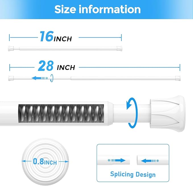 Tension Curtain Rod 16-28'' 6 Pcs White Adjustable Spring Rods | 5/8 Inch - Image 3