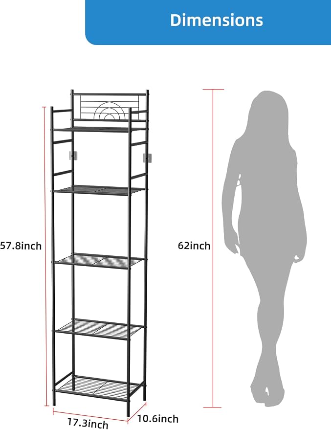 LEEDA 5-Tier Metal Shelving Unit, Sturdy Bathroom Storage Shelf & Free Standing - Image 3