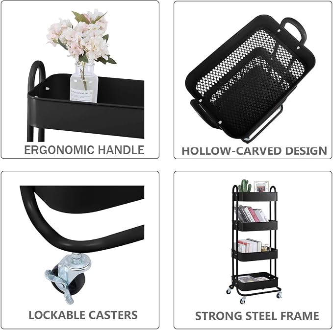 4-Tier Metal Mesh Utility Rolling Cart Storage Organizer Shelf Rack - Image 5