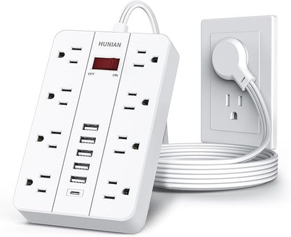 Power Strip with USB, Flat Plug Extension Cord Surge Protector 5 Ft, HUNIAN by HUNIAN