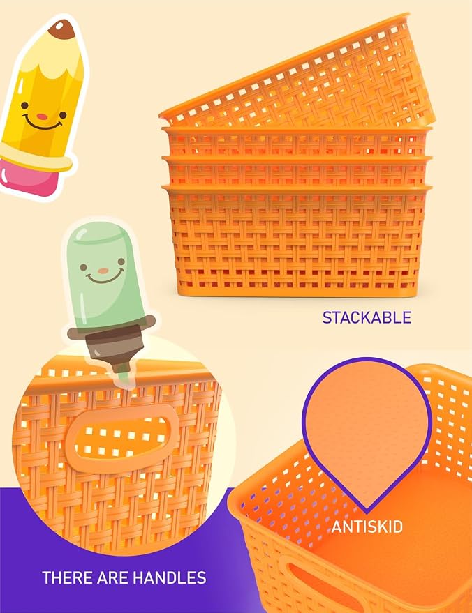 WYT 6-Pack Plastic Small Shelf Storage Weave Baskets Organizing - Image 3
