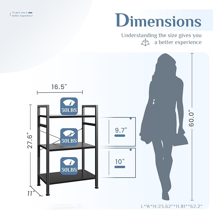 DUMOS 3 Tier Bookshelf, Home Office Bookcase Shelf Storage Organizer | Free - Image 3