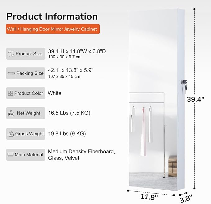 GISSAR Full Length Mirror Jewelry Cabinet, 6 LEDs Jewelry Armoire Wall Mounted - Image 5