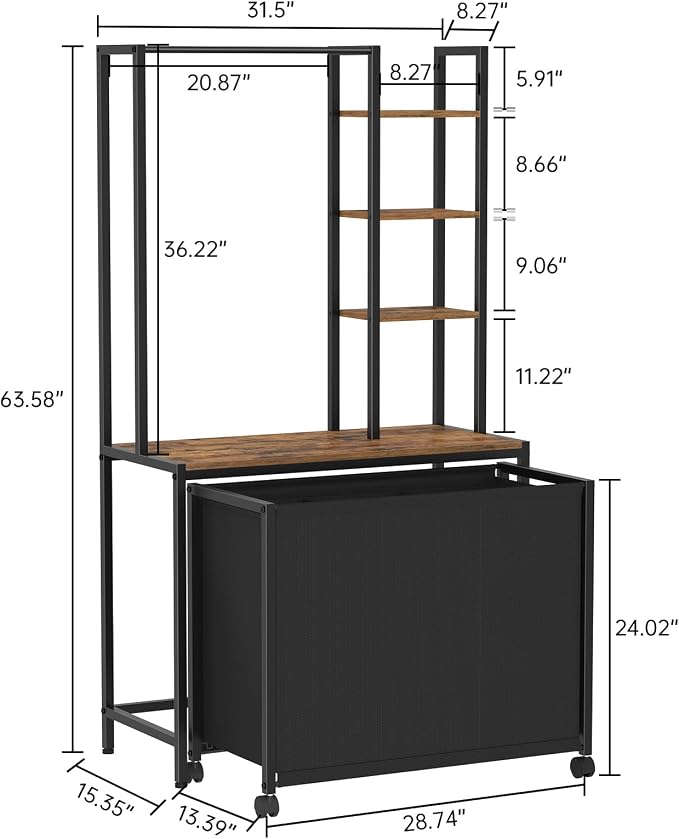 Laundry Hamper with 3 Section Rolling Bags and Shelf, 4 Tiers Tall Laundry - Image 3
