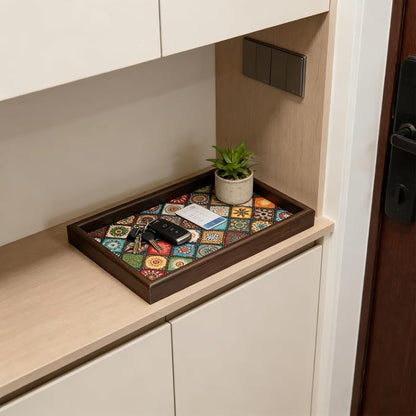 Wooden Valet Tray with Leather Base, EDC Catch All Tray Nightstand Entryway - Image 5