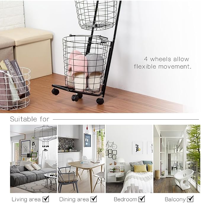 3 Tier Rolling Laundry Hamper, Metal Sorter Storage Trolley Shelf, - Image 5