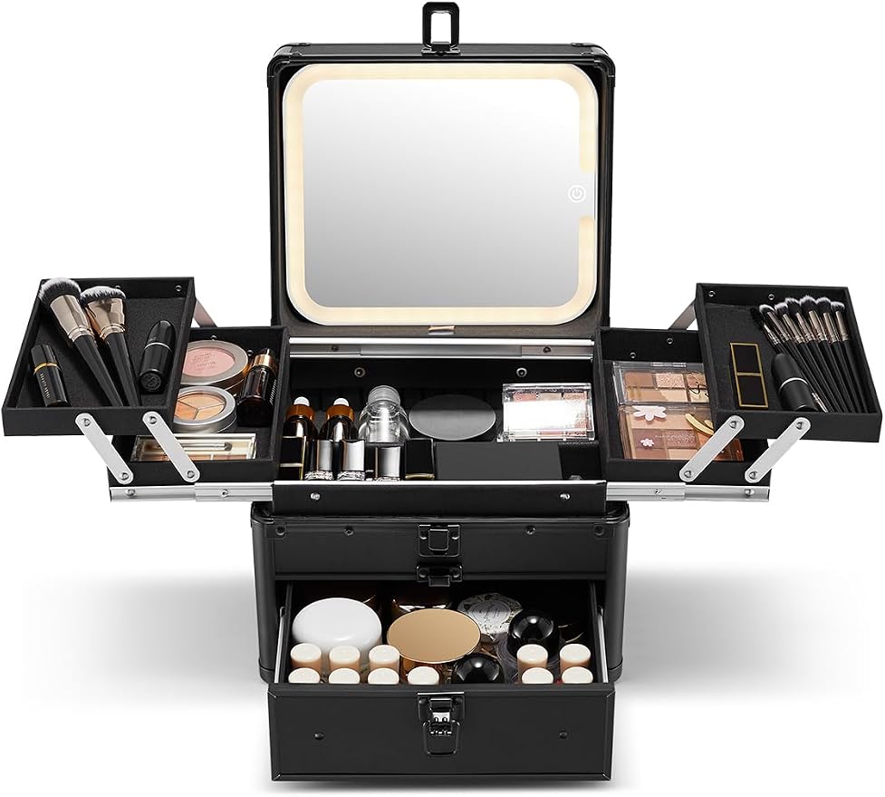Qislee Makeup Box with Drawer and Four Trays, A Detachable Lighted Mirror by Qislee