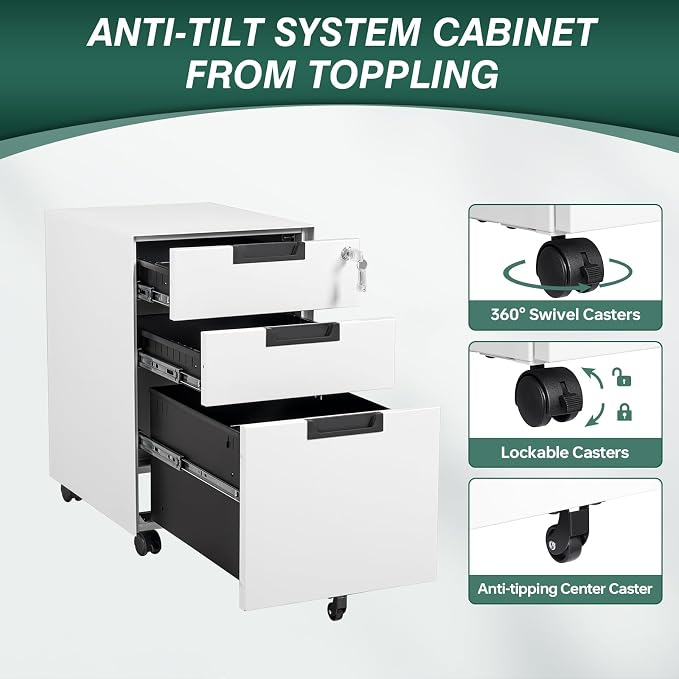 Mobile File Cabinet, 3 Drawer Locking Storage Filing Cabinet, Office Metal - Image 8