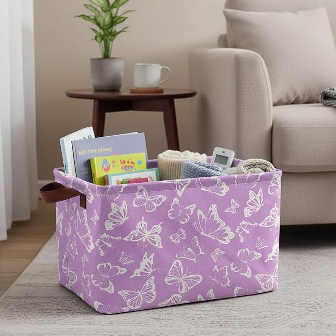 Purple Butterfly Storage Basket Waterproof Canvas Toy Storage Bin Decorative - Image 4
