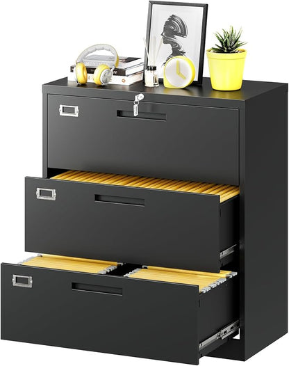 Lateral File Cabinet with Lock, 3 Drawer Large Metal Filing Cabinet, Home by Fesbos