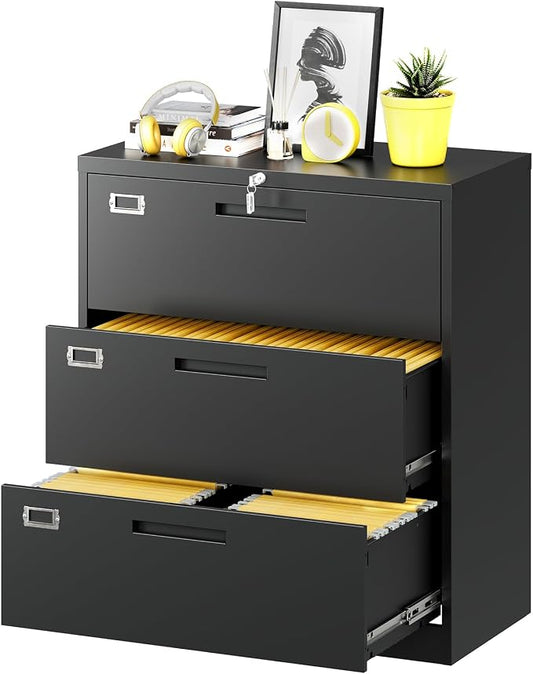 Lateral File Cabinet with Lock, 3 Drawer Large Metal Filing Cabinet, Home by Fesbos