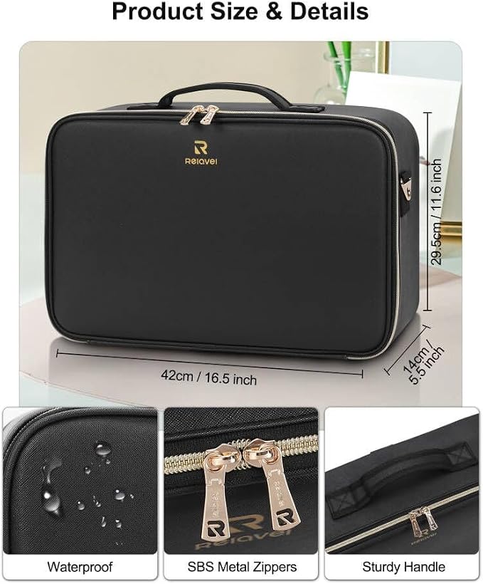 Relavel Travel Makeup Bag With LED Mirror, 16.2" Large Makeup Train Case - Image 2