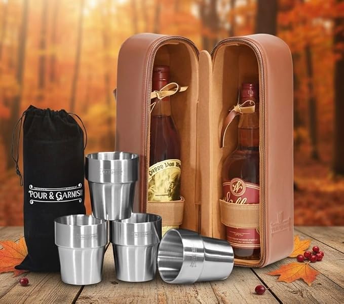 POUR & GARNISH Bourbon, Whiskey & Wine Double Bottle Travel Bag – Vegan Leather - Image 2