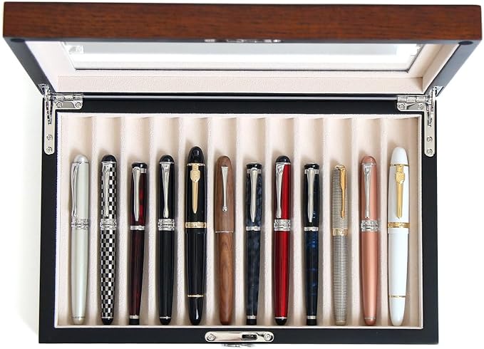 Wooden Pen Display Case – 12 Slot Lockable Fountain Pen Storage Box, Gift by Besforu