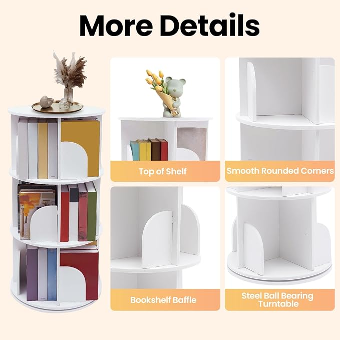 3-Tier Rotating Bookshelf, 360 Display Revolving Bookcase, Stackable Book - Image 7