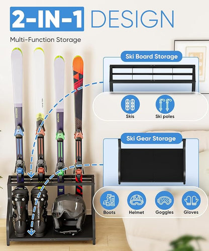 Mondazie Ski Storage Rack for Garage, 4 Pair Black | Freestanding Snowboard Rack - Image 3