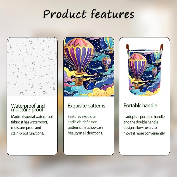 Laundry Baskets 15.7x19.7 Inch Large Hot Air Balloon Night Sky Design - Image 2