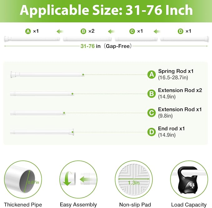 1Pcs Tension Curtain Rod 31-76 Inches, Adjustable 7/8" Diameter Tension Rod - Image 3