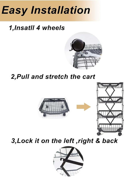 Rolling Utility Cart, Foldable Metal Shelf Organizer - Image 3