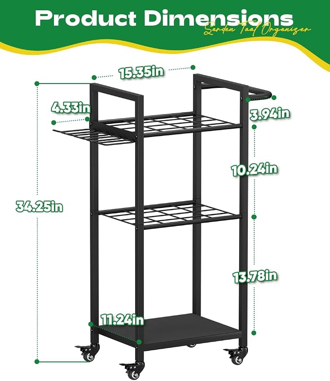 Garden Tool Organizer with Wheels, Heavy Duty 3 Tier Metal Yard Tool Storage - Image 6
