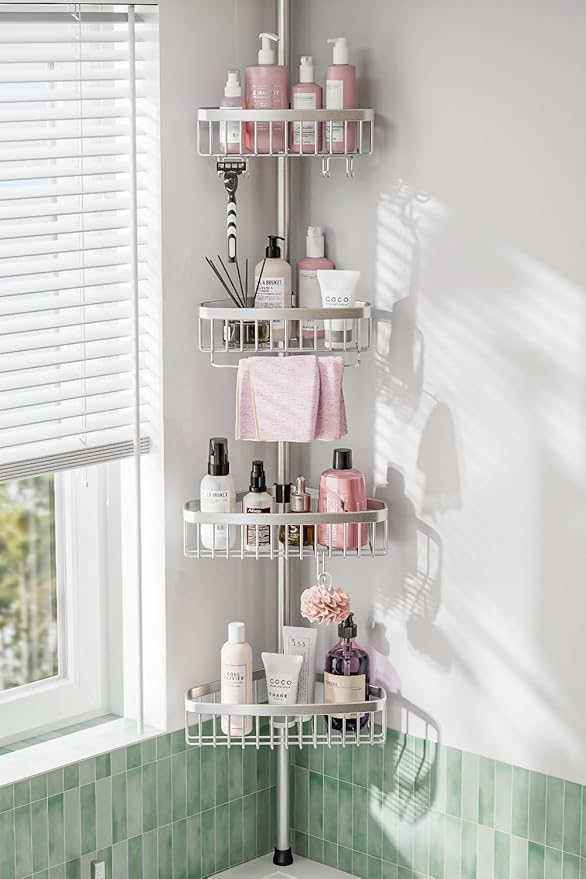 ESSEME Corner Shower Caddy Tension Pole: Adjustable Rustproof 4-Tier Inside by ESSEMELLC