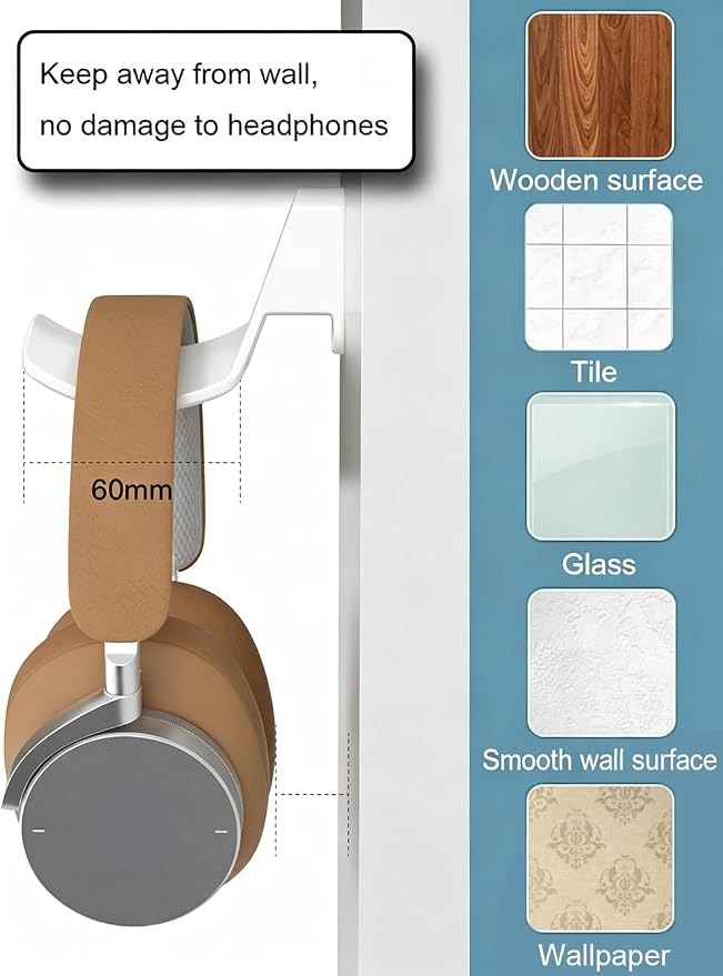 2-Pack Wall Mount Headphone Hanger, Adhesive Screw-in Headset Holder Hook - Image 5