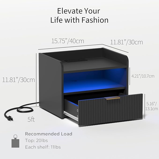 White Floating Nightstand with Charging Station and LED Lights - Image 2