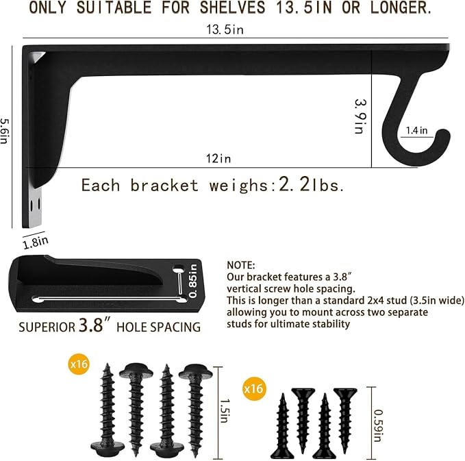 13.5x5.6inch Closet Rod Bracket Heavy Duty Support 400 lbs | Sturdiness Wall - Image 2