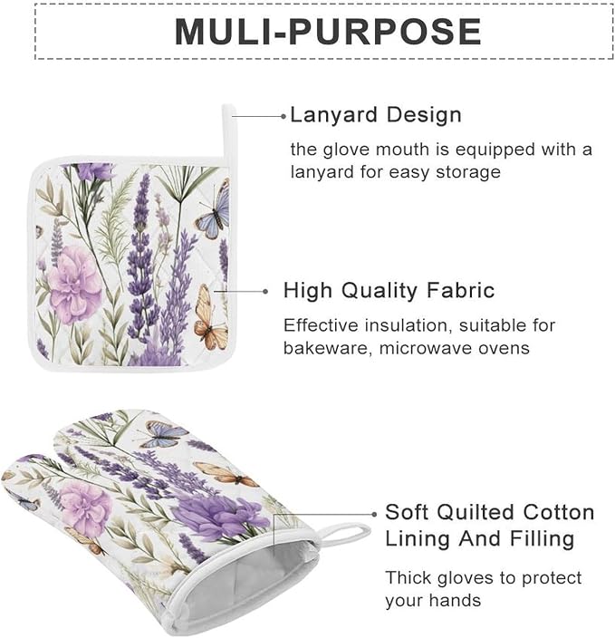 Garden Beautiful Flowers Lavender Shabby Chic Oven Mitts and Pan Racks 4-Piece - Image 3