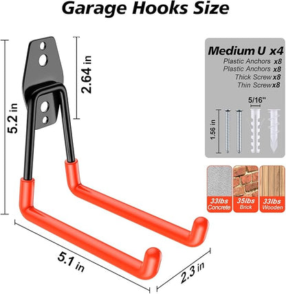 4 Pack Heavy Duty Garage Hooks, Solid Steel Wall Mount Hangers, - Image 2