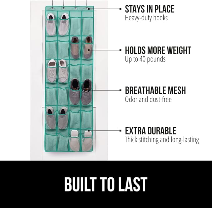 GORILLA GRIP Over the Door Shoe Organizer, 24 Large Breathable Mesh Pockets - Image 2