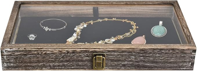 MOOCA Wooden Jewelry Display Case Tempered Glass Top Lid, Gemstone Display Case - Image 5