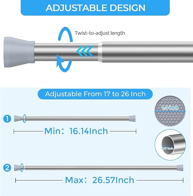 AIZESI Small Tension Curtain Rod 16-26 Inch Adjustable No Drilling, No Slip - Image 2