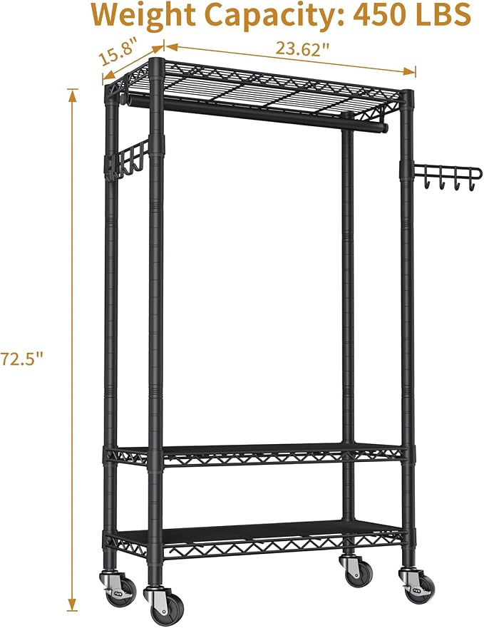 Heavy Duty Clothes Rack Rolling Garment Rack, 3 Tier Adjustable Wire Shelving - Image 5