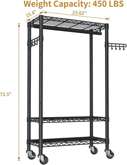 Heavy Duty Clothes Rack Rolling Garment Rack, 3 Tier Adjustable Wire Shelving - Image 5