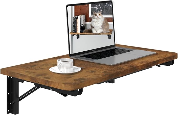 TEAMIX Wall Mounted Folding Table, Rustic Brown Floating Wall Desk by TEAMIX